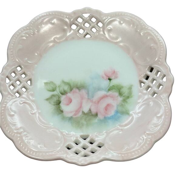 Vintage Pink and White Porcelain Small Trinket Dish with Pink Roses - Picture 1 of 3